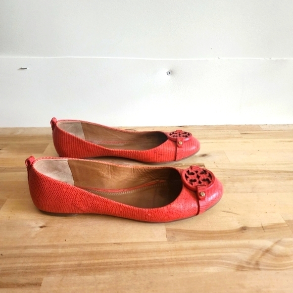 TORY BURCH ORANGE/MELON MINI MILLER LIZARD PRINT LEATHER FLATS SIZE 8 - Picture 4 of 6